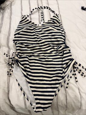 Navy and White Striped One-Piece Swimsuit